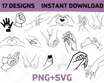 Hand simple line art drawing svg bundle, love heart hands drawing svg, baby hand svg, holding hands line art svg PNG & SVG