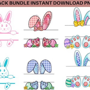 May include: A digital download pack of Easter bunny and paw print designs. The designs include a pink bunny with a bow, blue bunny with a bow, pink bunny ears, blue bunny ears, pink paw prints, and blue paw prints. The designs are perfect for creating personalized Easter crafts, decorations, and gifts.