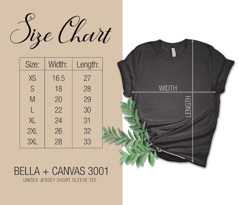 May include: Size chart for a unisex jersey short sleeve tee, Bella + Canvas 3001. The chart shows the size, width in inches, and length in inches for sizes XS to 3XL.