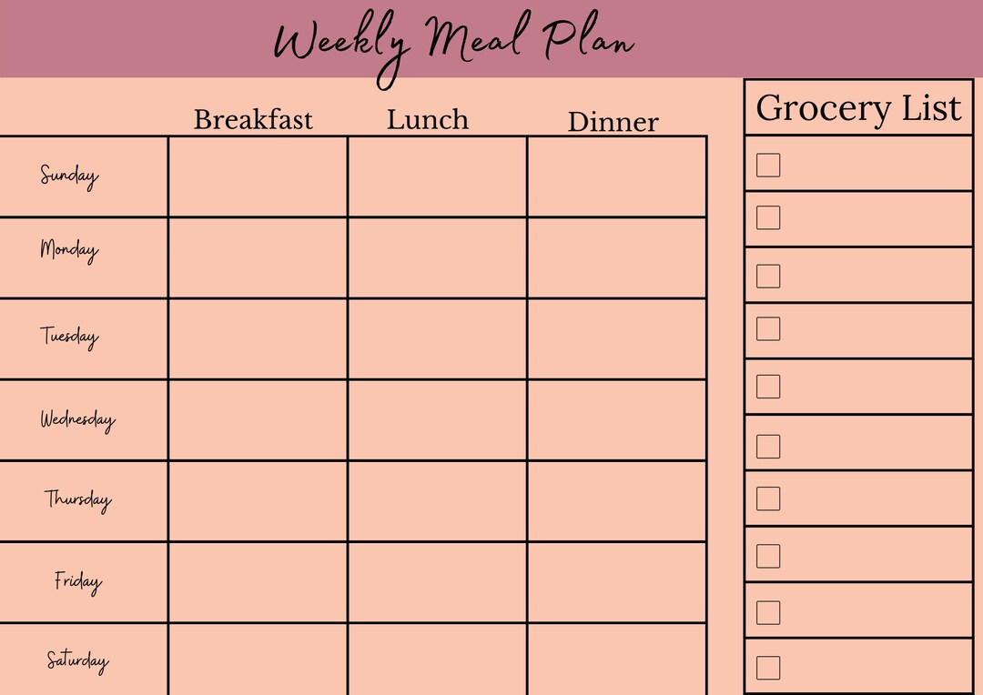 Weekly Meal Plan With Grocery List Etsy