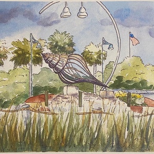 May include: A watercolor painting of a large, colorful seashell sculpture in a park setting. The sculpture is surrounded by palm trees and other greenery. There are streetlights and a flagpole in the background.