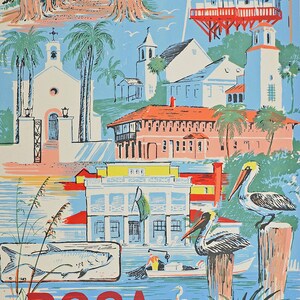 May include: A vintage travel poster for Boca Grande, Florida. The poster features a lighthouse, a church, and a variety of buildings in a coastal town setting. The poster is illustrated in a colorful, cartoon style with a blue background and red, white, and yellow accents.