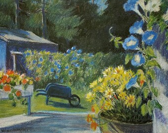 Wini Smart Lithograph Mini Print: Morning Glories Garden Scene