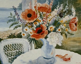 Poppies & Wicker Lithograph Mini Print: Wini Smart Floral Art