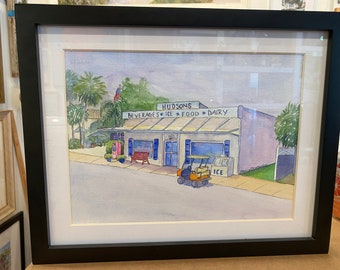 Hudsons Grocery Store, Boca Grande, Original Watercolor and Ink Painting by Rebecca Cleveland 9x12