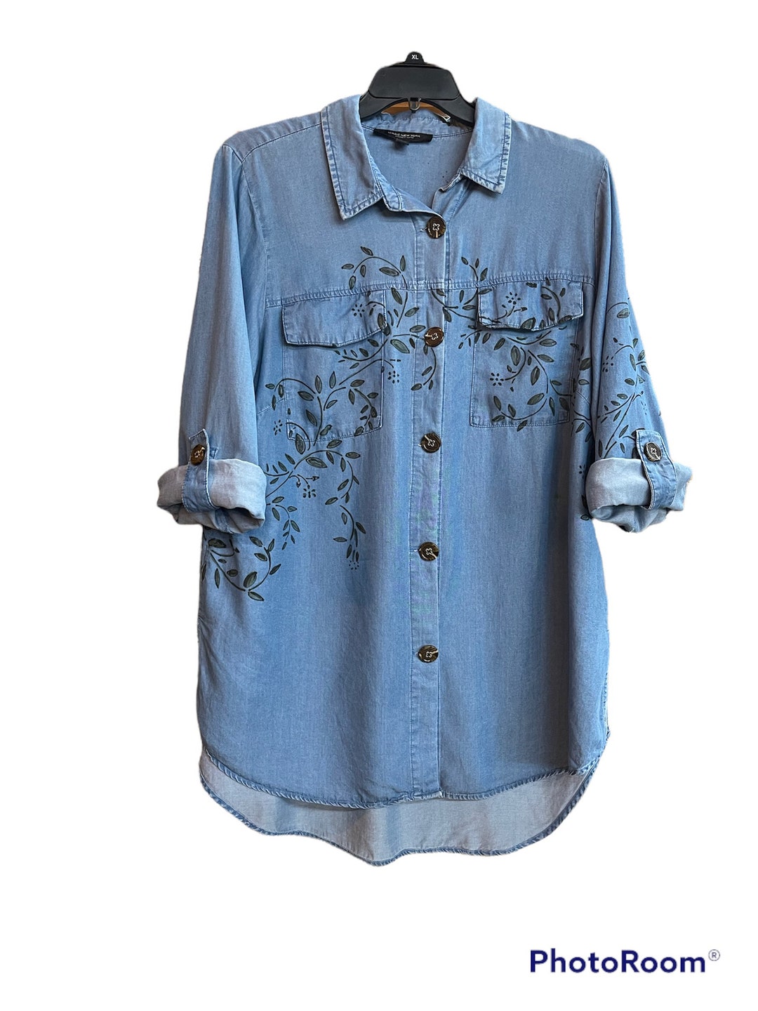 Blue Jean Button Down Shirt With Painted Vines Etsy