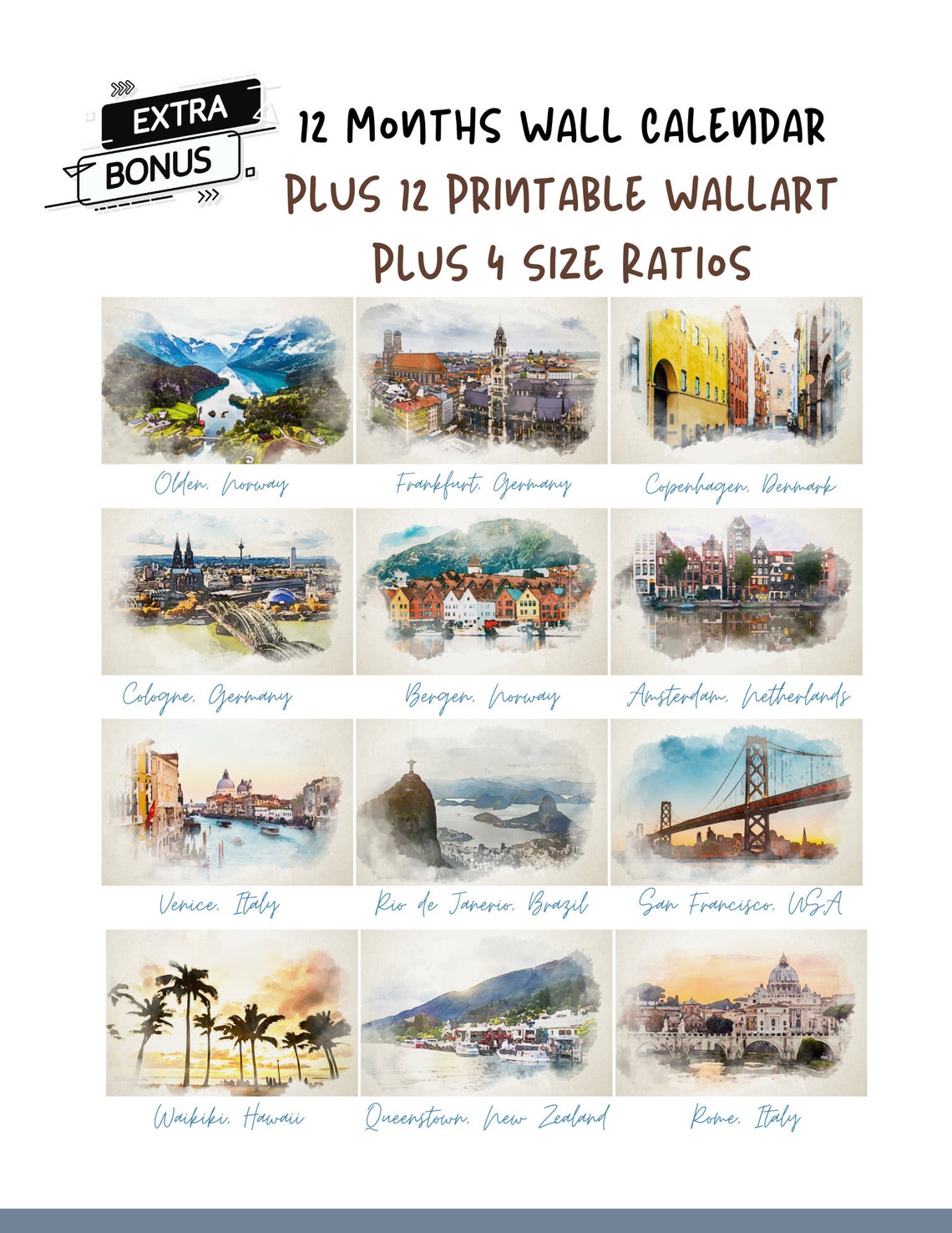 2023 Printable Travel Wall Calendar Digital Download, International