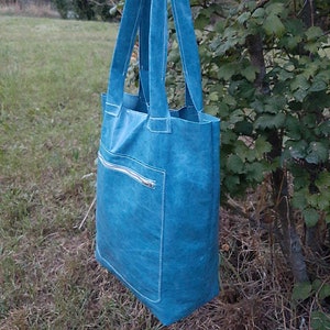 Handtasche großer Shopper Henkeltasche Ledertasche lange Henkel Reißverschlusstasche türkis petrol blau UNIKAT - KOSTENLOSER VERSAND