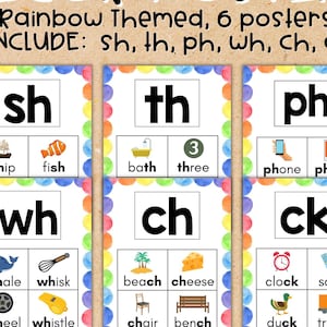 Tarjetas didácticas de dígrafos Pósteres de dígrafos Tema del arco iris Signos de dígrafos Imprimibles para la educación en el hogar Pósteres de fonética