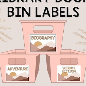 Etichette per contenitori per libri della biblioteca Etichette per genere di libri a tema Boho Mountains ed etichette vuote Organizzazione della libreria Boho Homeschool Arredamento per l&#39;aula Boho