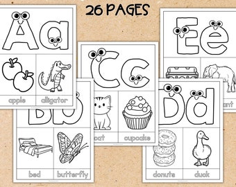 Pagine da colorare con alfabeto per bambini Libro da colorare stampabile ABC Imparare le lettere Fogli da colorare per bambini Fogli di lavoro per bambini in età prescolare Fogli di lavoro VPK