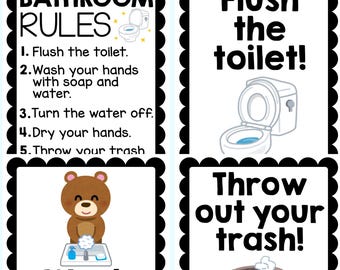 Posters des règles de la salle de bain – Décoration des toilettes pour la salle de classe (Ensemble de 6) (Modèle PDF)