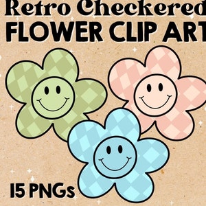 Flower Retro Clip Art Flower Clip Art Checkered Digital Stickers Retro Printable Flower Art Bulletin Board Decor Retro Boho Flower PNGs