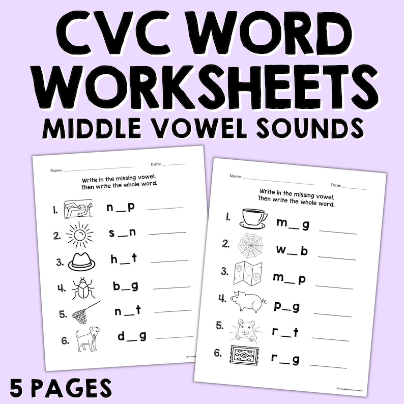 CVC Blending Segmenting Worksheets Printable CVC Missing Vowel Writing