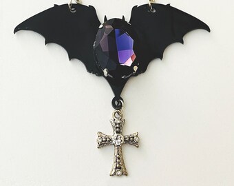 Bat Necklace with Large Crystal Gem and Sparkly Cross, Goth Jewelry, Goth Necklace