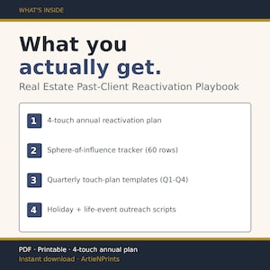 May include: A digital download titled "What you actually get." The image lists a real estate playbook with a 4-touch annual reactivation plan, a sphere-of-influence tracker, quarterly touch-plan templates, and holiday outreach scripts. The document is a PDF and printable.