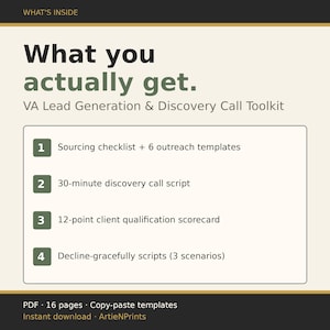 May include: A digital toolkit titled "What you actually get" with a VA Lead Generation & Discovery Call Toolkit. The image lists a sourcing checklist, call script, client scorecard, and decline scripts. The text also mentions copy-paste templates and instant download.