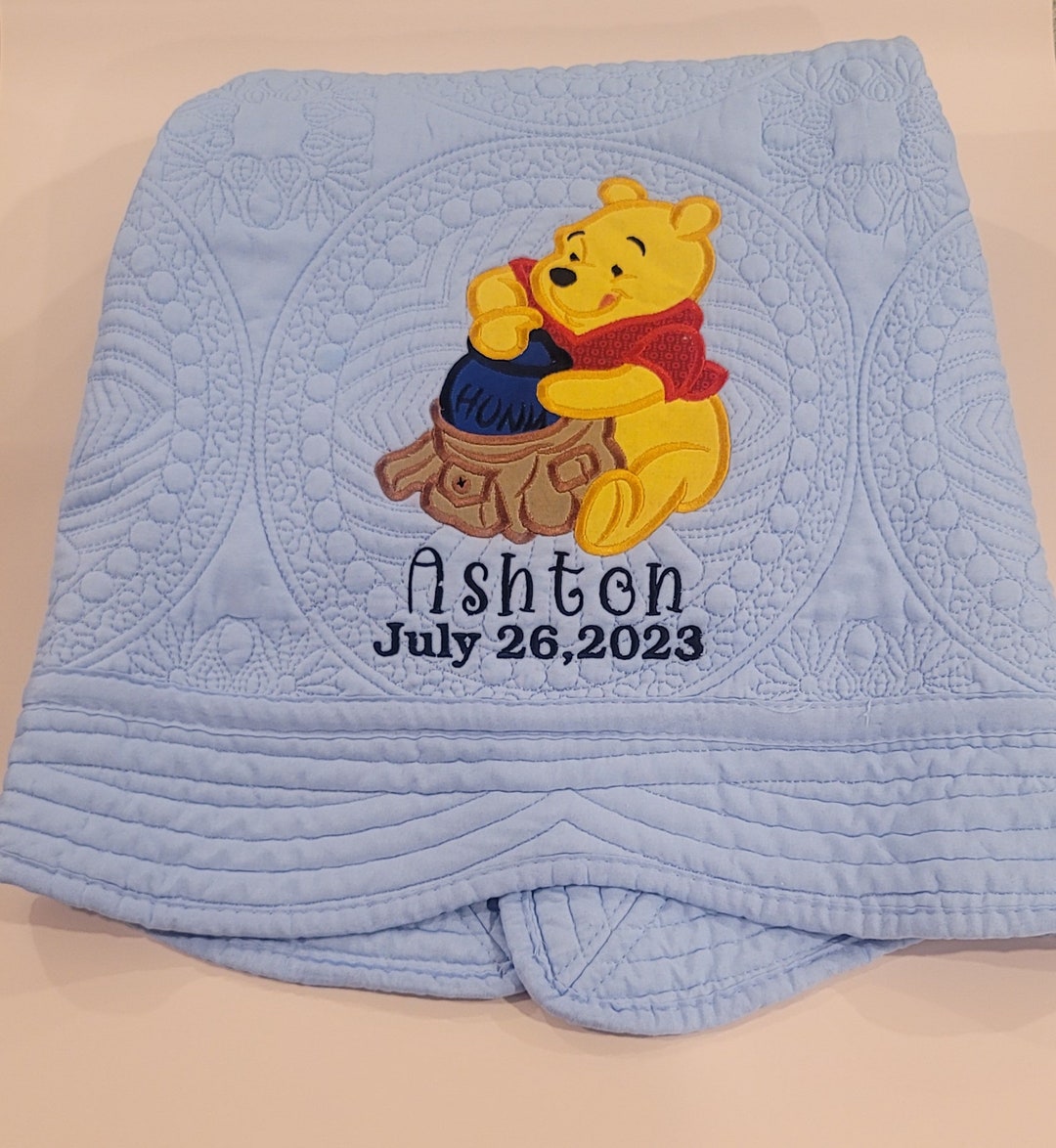 Personalized Pooh Bear Baby Blanket, Baby Blanket With Name and Birth