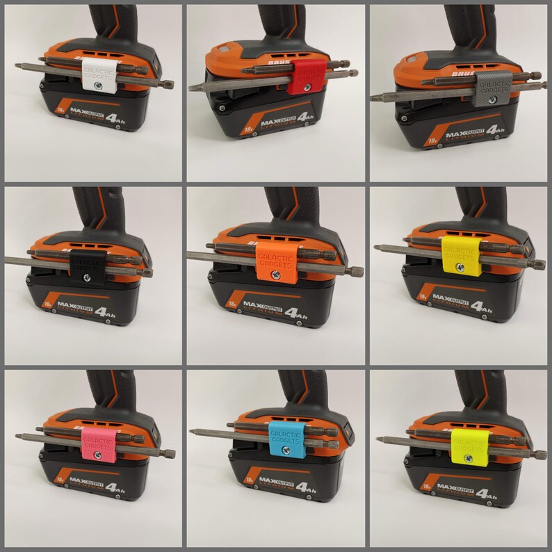 K&ouml;nnte beinhalten: Nahaufnahme eines Akkupacks f&uuml;r eine Bohrmaschine mit einem daran befestigten Bit-Halter. Der Bit-Halter ist in verschiedenen Farben erh&auml;ltlich, darunter Wei&szlig;, Rot, Schwarz, Orange, Pink, Blau und Gelb. Der Akkupack tr&auml;gt den Aufdruck "MAX 4Ah".