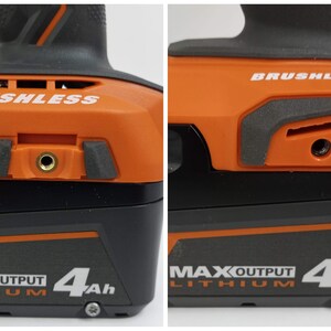 May include: Close-up of a black and orange cordless drill with a brushless motor and a 4Ah lithium battery. The drill has a side handle and a belt clip. The battery has a charging port and a rubberized grip.