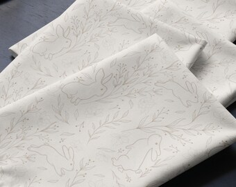 Subtle Easter Napkins – Bunny Floral Meadow Print, Set of Four Cloth Linens