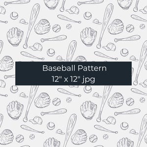 Puede incluir: Un patrón repetitivo de béisbol con bates, guantes, pelotas y gorras. El texto "Baseball Pattern 12" x 12" jpg" está incluido. El diseño es en blanco y negro.
