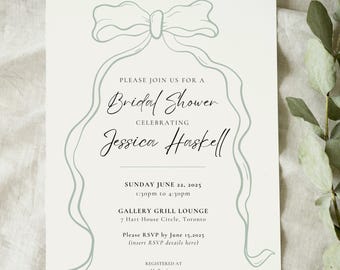 Sage Green Bow Bridal Shower Invitation, Coquette Ribbon (Canva Download)