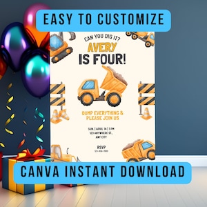 Construction Birthday Party Printable Template Invitation, Kids Invite, Excavator Dump Truck Digger Theme, Boys Birthday Party 5x7, Digital