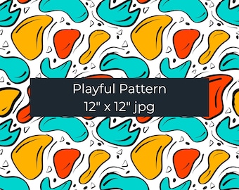 Retro Abstract Seamless Pattern, 90s Doodle Fabric, Teal, Orange, Yellow (JPG Digital Download)