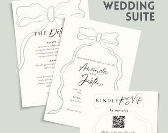 Sage Green Bow Wedding Invitation Suite: Canva Template (Digital Download)