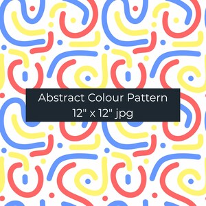 May include: Abstract color pattern on a white background. The design features red, yellow, and blue curved lines and dots. The text on the image reads "Abstract Colour Pattern 12" x 12" jpg."