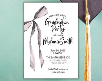 Bow Graduation Party Invitation Canva Template, Editable Digital Invite, Instant Download, High School/College Grad, Printable DIY, Senior