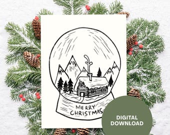Tarjeta navideña con bola de nieve dibujada a mano / Tarjeta navideña imprimible (Descarga digital)