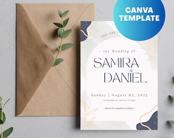 Printable Boho Wedding Invitation Template Canva, Editable Simple Wedding Invite, Modern Bohemian, Instant Download, Minimalistic Stationery
