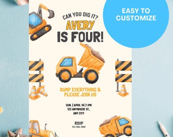 Construction Birthday Invitation Template, Editable Dump Truck 4th Birthday Invite, Can You Dig It Party, Watercolor Excavator, Canva 5x7