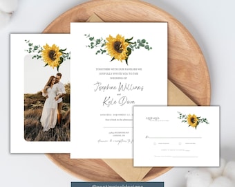 Sunflower Wedding Invitation Suite with Photo, Rustic Boho Template (Digital Download)