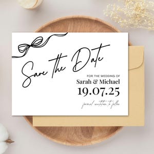 Modello minimalista per salvare la data con fiocco Canva 5x7, elegante invito con nastro, fai da te stampabile, annuncio di matrimonio moderno, download immediato