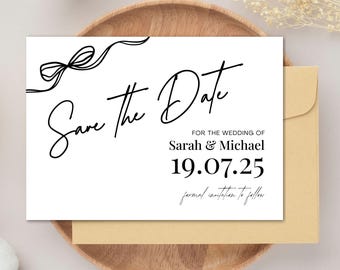 Plantilla minimalista para guardar la fecha con lazo: Anuncio de boda elegante (descarga digital)