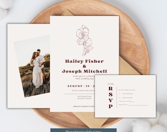 Burgundy Orchid Wedding Invitation Template: Elegant Floral (Canva, Printable)
