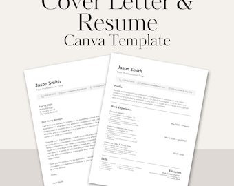 Minimal Resume Template Canva: Modern CV, Cover Letter (Digital Download)