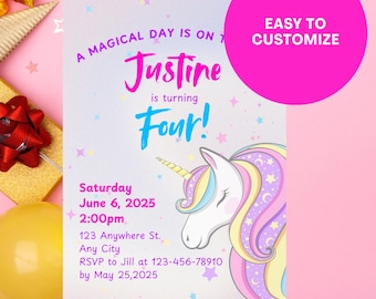 Unicorn Birthday Invitation: Pastel Rainbow Canva Template (Digital Download)