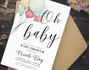 Watercolor Balloon Baby Shower Invitation Template, Gender Neutral Baby Shower Invite, Oh Baby Digital Download, Editable Minimalist, Canva