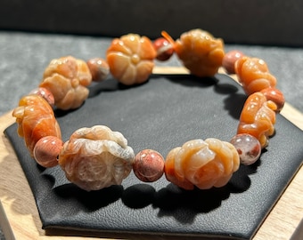 Natural Carved Flower Fossil Coral Jade Bracelet