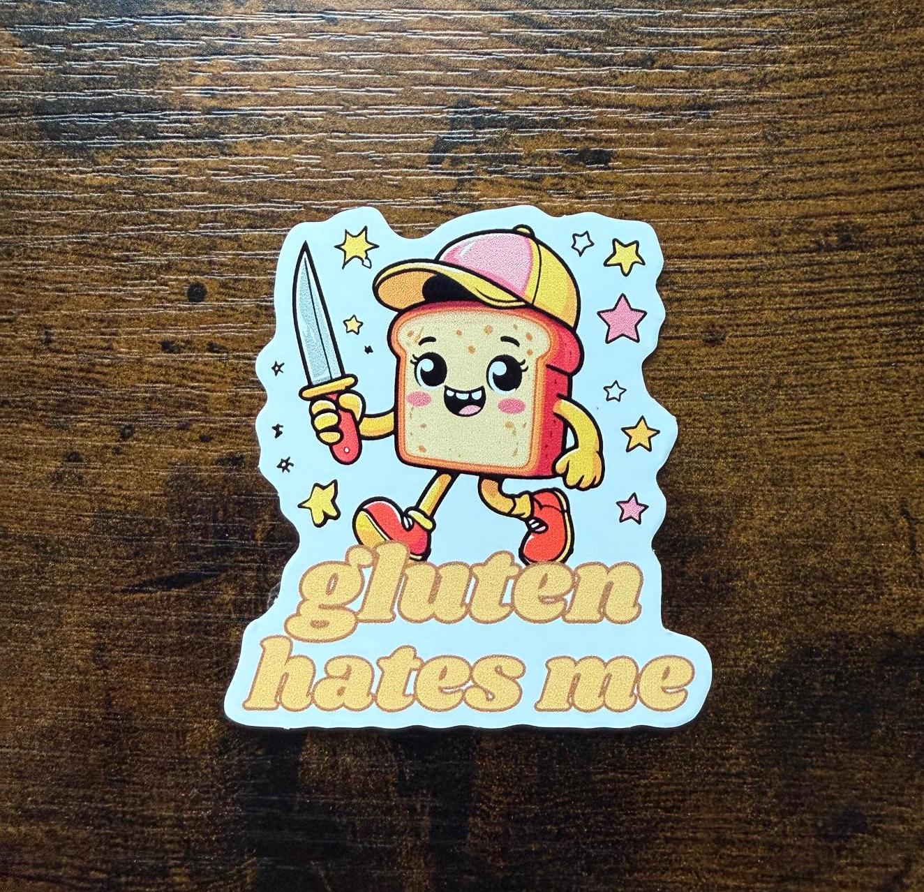Gluten Hates Me | Funny Gluten-Free Vinyl Sticker | Sticker for Laptop, Water Bottle