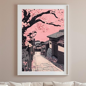 Cherry Blossom Street Printable, Japanese Aesthetic Digital Art, Minimal Home Decor, Sakura Wall Art, Gift forJapan Fans, Instant Download