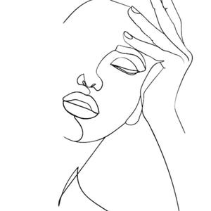 May include: A minimalist black and white line drawing of a face. The artwork depicts a woman's face in profile, with closed eyes and a hand gently touching the forehead. The style is simple and elegant, suitable for wall art or home decor.