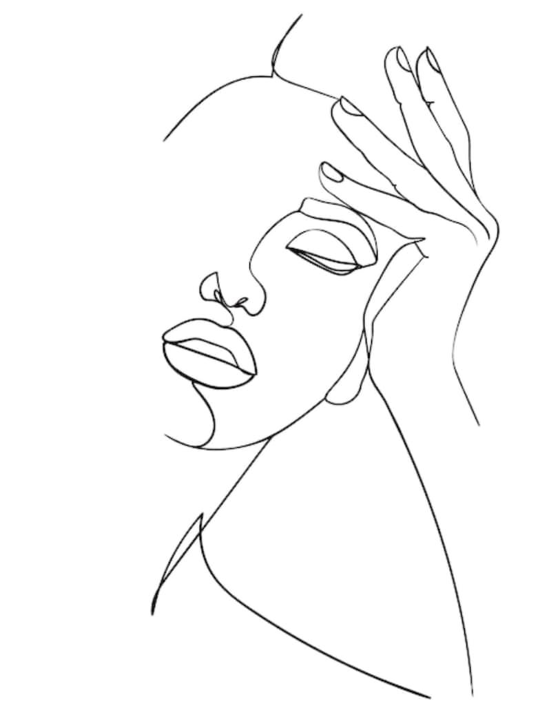 May include: A minimalist black and white line drawing of a face. The artwork depicts a woman's face in profile, with closed eyes and a hand gently touching the forehead. The style is simple and elegant, suitable for wall art or home decor.