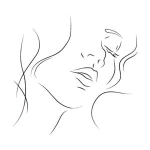 May include: A minimalist line drawing of a face in profile, rendered in black against a white background. The artwork features delicate lines that define the nose, lips, and closed eye, with flowing lines suggesting hair.