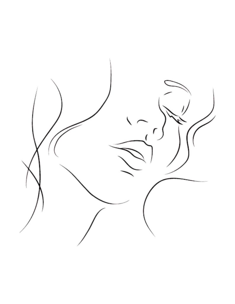 May include: A minimalist line drawing of a face in profile, rendered in black against a white background. The artwork features delicate lines that define the nose, lips, and closed eye, with flowing lines suggesting hair.