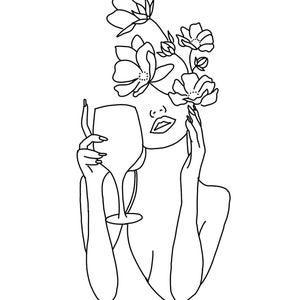 May include: Line art illustration of a woman holding a wine glass, with flowers blooming from her head. The black and white drawing features delicate lines and a minimalist style, perfect for wall art or home decor.